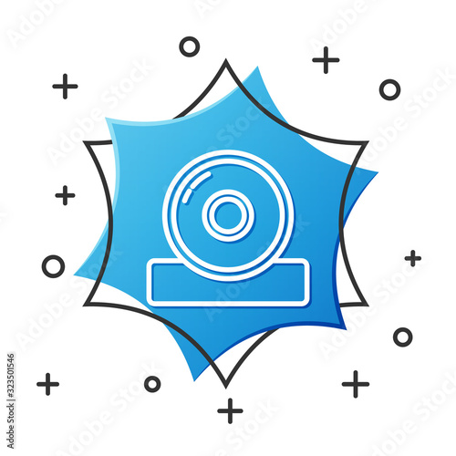 White line Otolaryngological head reflector icon isolated on white background. Equipment for inspection the patient's ear, throat and nose. Blue hexagon button. Vector Illustration