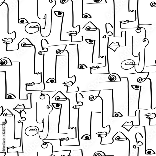 Abstract stylish texture with human faces. Hand-drawn vector seamless pattern with portraits in modern style.