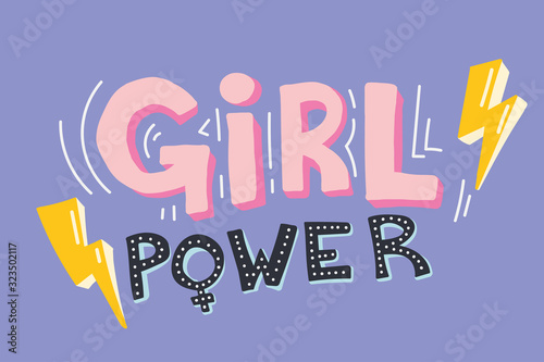 Girl power. Pink Girl power text on purple background with yellow lightning and gender female sign. Stylish Hand drawn vector.  Feminism, diversity and 8 march. Women rights. Womens day