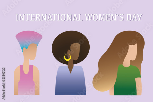International women's day text and group of different women. Various nationalities and diversity of females, flat characters. Feminism,  diversity and 8 march. Women rights. Hand drawn vector