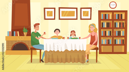 Concept Of Family Time. Family Has A Joint Dinner In The Living Room At Home Near Fireplace. People Are Communicating, Having Fun And Spending Time Together. Cartoon Flat Style. Vector Illustration