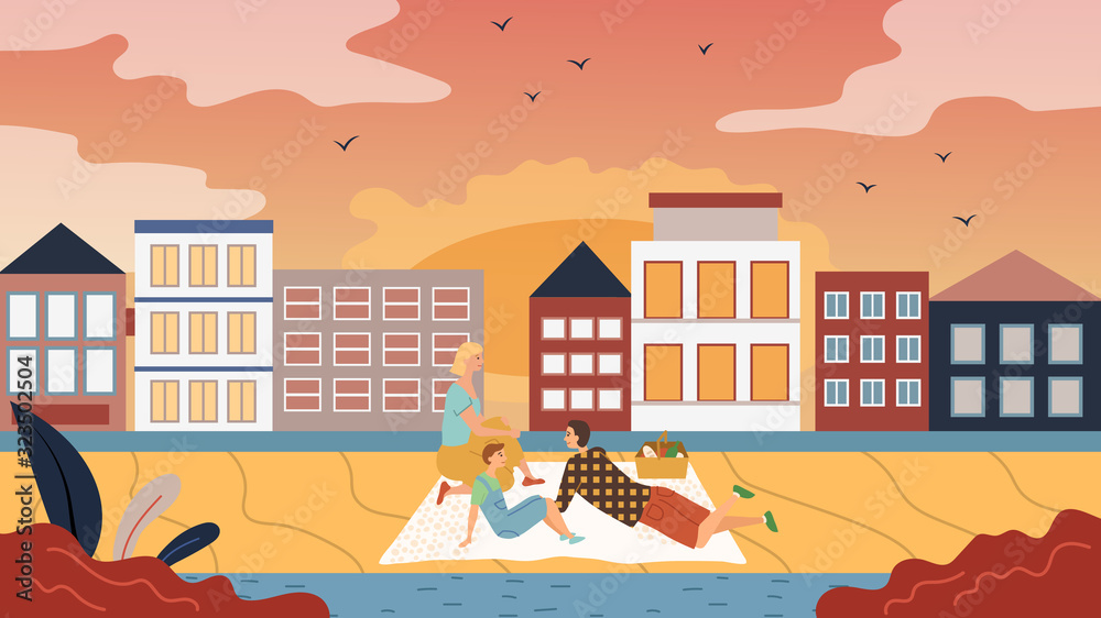Family Time Concept. People Have A Picnic On The Cityscape Background. Father Mother And Son Have Fun, Communicate, Enjoy Beautiful Cityscape View And Sunset. Cartoon Flat style. Vector illustration