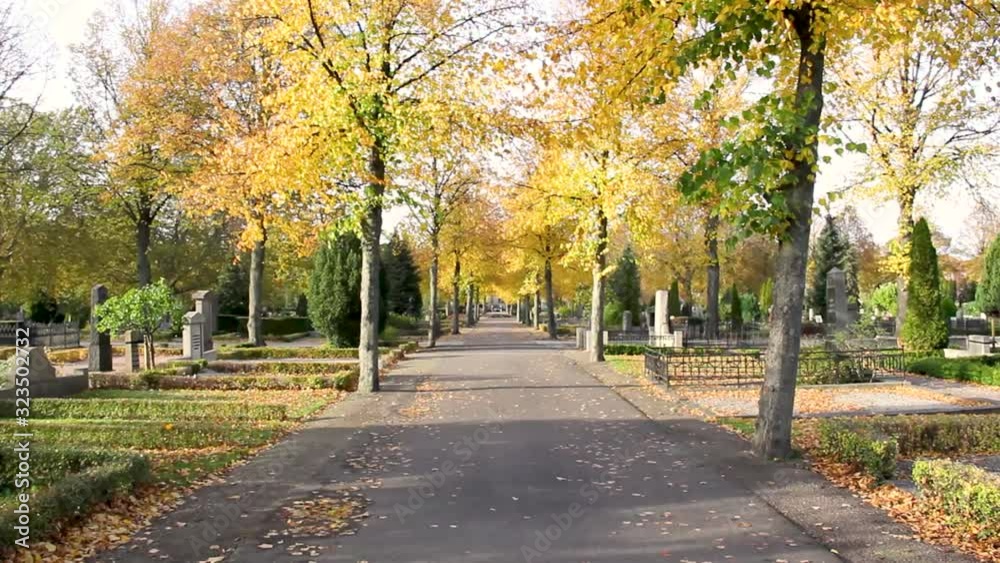 Wind is blowing in the autumn colored trees on a beautiful fall day in a graveyard in Malmö Sweden Wind is blowing in the autumn colored trees on a beautiful fall day in a graveyard in Malmö Sweden