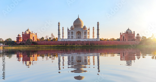 Famous Taj Mahal, panoramic view from Mehtab Bagh, Agra, Uttar Pradesh, India photo