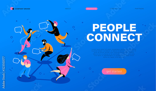 People connect concept. Landing page design template, webpage, ui, mobile app. People chatting, texting, communicating online together metaphor. Vector flat illustration. photo