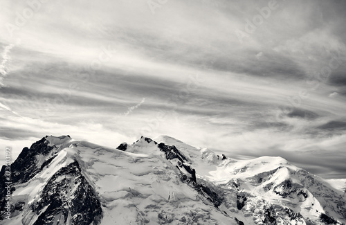 Mont Blanc is the highest mountain in Europe. Black and white landscape in the Alps.