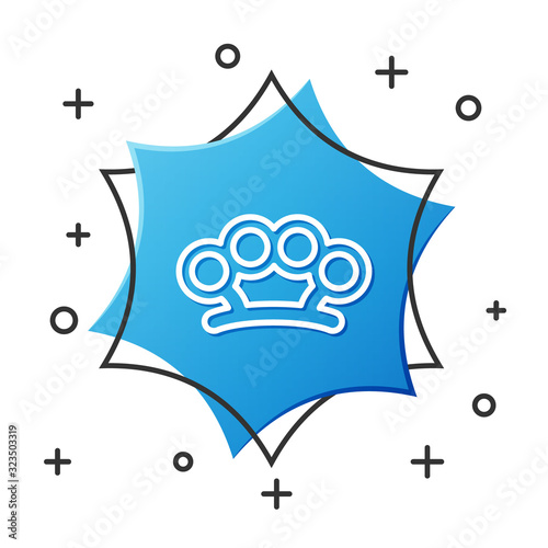 White line Brass knuckles icon isolated on white background. Blue hexagon button. Vector Illustration
