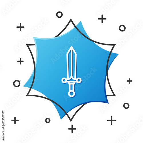 White line Medieval sword icon isolated on white background. Blue hexagon button. Vector Illustration