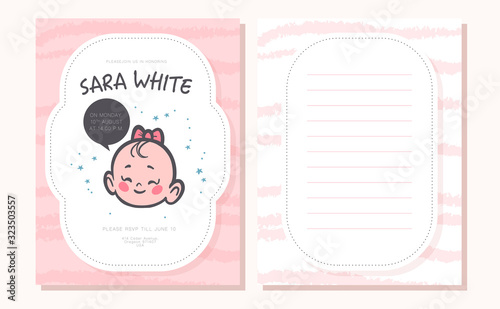 Baby shower card / invitation / poster design template with cute baby girl infant head smiling on pink pattern isolated. Vector flat illustration.