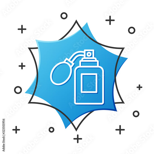 White line Aftershave bottle with atomizer icon isolated on white background. Cologne spray icon. Male perfume bottle. Blue hexagon button. Vector Illustration