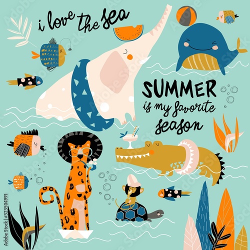 Funny cartoon animals swimming in blue sea
