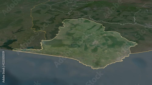 Western, region with its capital, zoomed and extruded on the satellite map of Ghana in the conformal Stereographic projection. Animation 3D photo