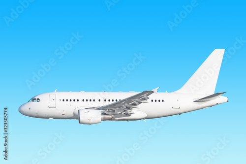 white airplane side view isolated on blue sky background. Passenger jet plane with gear extended. Commercial aircraft paint scheme. Luxury business jet flying in air. Aviation design reference photo