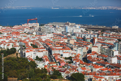 Panoramic view of Almada city and municipality, seen from the Sanctuary of Christ the King, Lisbon, Greater Lisbon, Portugal, summer sunny view