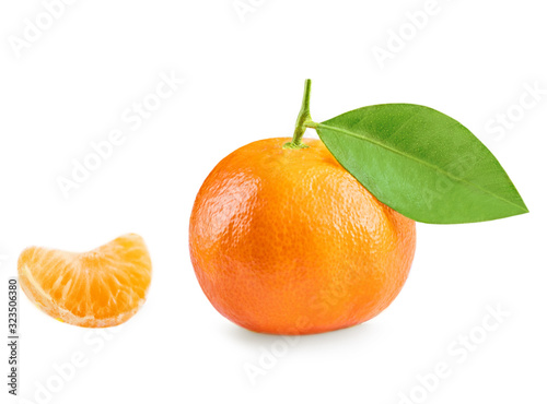 Tangerine or clementine with slice and green leaf isolated on white background, macro .