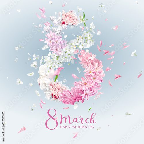 Floral vector greeting card for 8 March in watercolor style with lettering design.