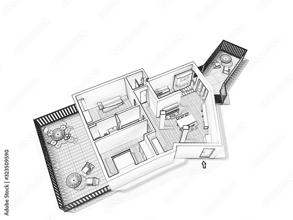 3d floor plan. Black&white floor plan. 3D illustration, sketch, outline. 3d floor plan. Black&white floor plan. 3D illustration, sketch, outline.