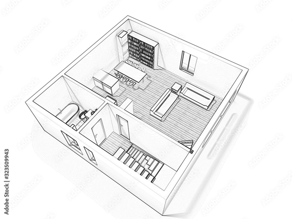 Floorplan Dimensions 3d floor plan. Black&white floor plan. 3D illustration, sketch, outline. 