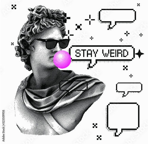 Pixel art ilustration with marble sculpture in sunglasses, Apollo Belvedere bust. Vaporwave and retrowave style collage, postmodern aesthetics of 80's.