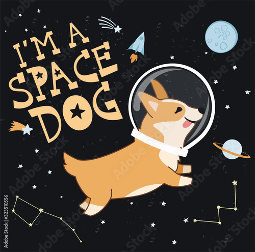 Card with cute Welsh Corgi dog in space