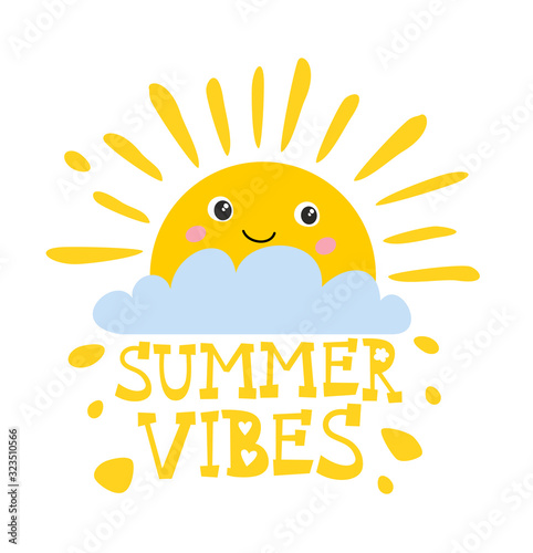 Greeting card with cute sun and hand drawn text: Summer Vibes