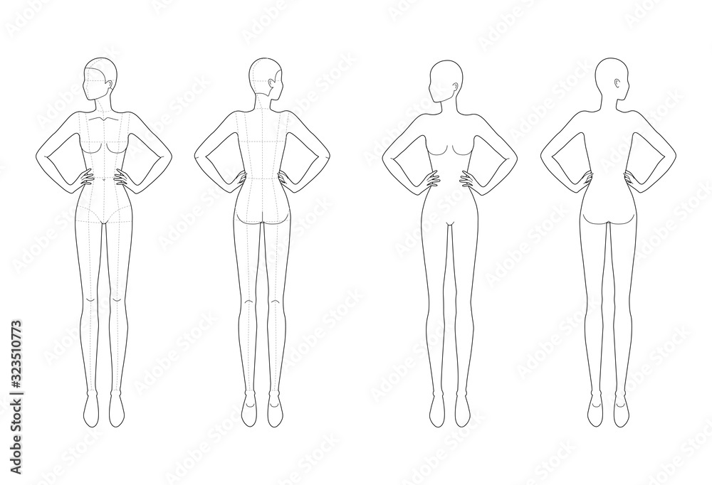 Fashion template 9 head for technical drawing with main lines. Fashion template 9 head for technical drawing with main lines.
