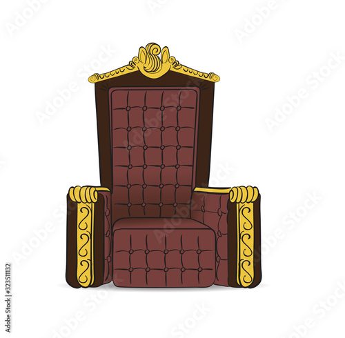 Cartoon style leather armchair with gold armrests and back isolated. Vector illustration.