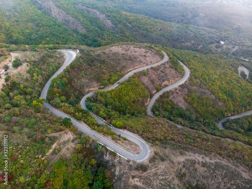 Sighnaghi serpentine road. Foggy weather.