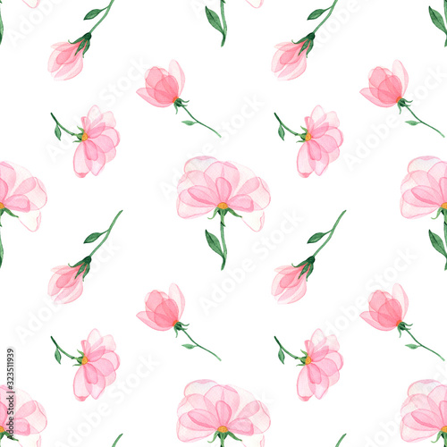 Seamless watercolor flower pattern with delicate pink flowers isolated on a white background. Hand drawing. For invitations, greetings, wedding decor, cards, textiles, Wallpaper. High resolution.