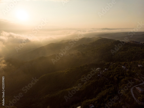 Sighnaghi foggy sunrise aerial photo