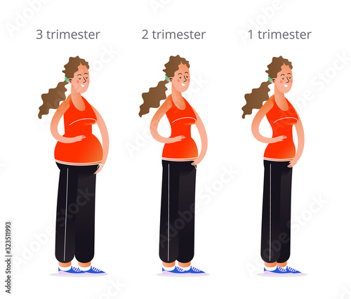 Poster design with exercise for pregnant. Cartoon style female character. Vector illustration.