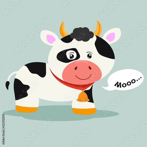Greeting card cute cartoon smiling cow with with a bell and inscription moo.