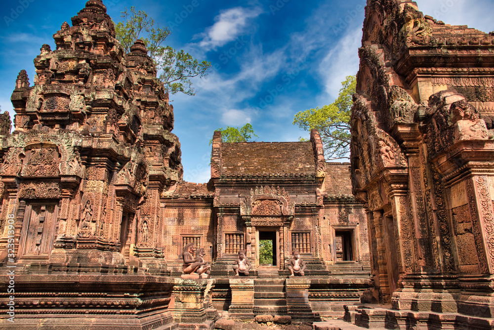 Banteay Srei or Banteay Srey Temple site among the ancient ruins of Angkor Wat Hindu temple complex in Cambodia