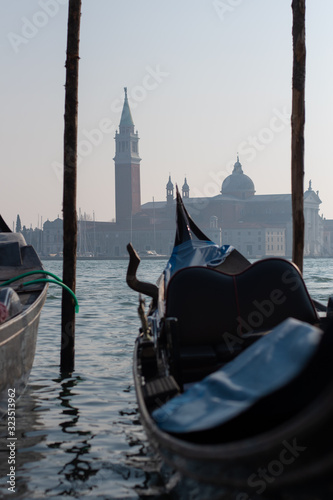 Gondola moored wiht Basilica Di San Giorgio Maggiore bacground