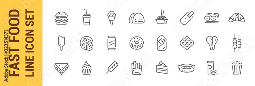 Fast food line icon set. Vector isolated burger sandwich pizza hot dog cola coffee sweets