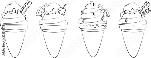 Contour vector illustration ice cream cones. Colloring book. Set photo