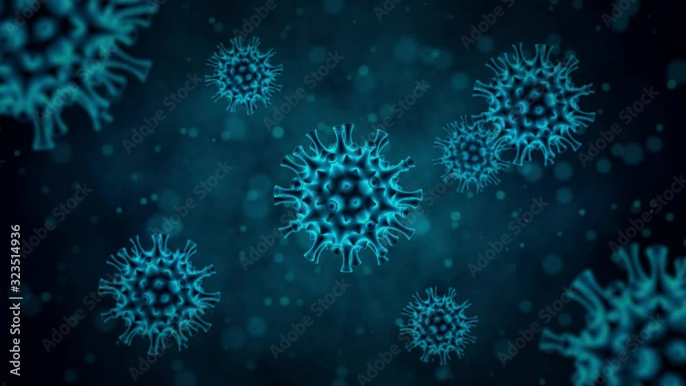 Coronavirus cells. View bacteria cells in microscope. Pathogenic viruses causing infection in organism. Science and medicine concept. Virus cells 3d animation. 3d rendering.