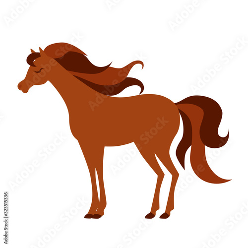 Brown beautiful horse with a long mane. Flat design. Vector illustration