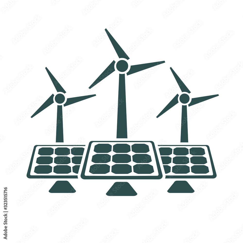 Wind and solar energy. Wind power station with turbines, energy