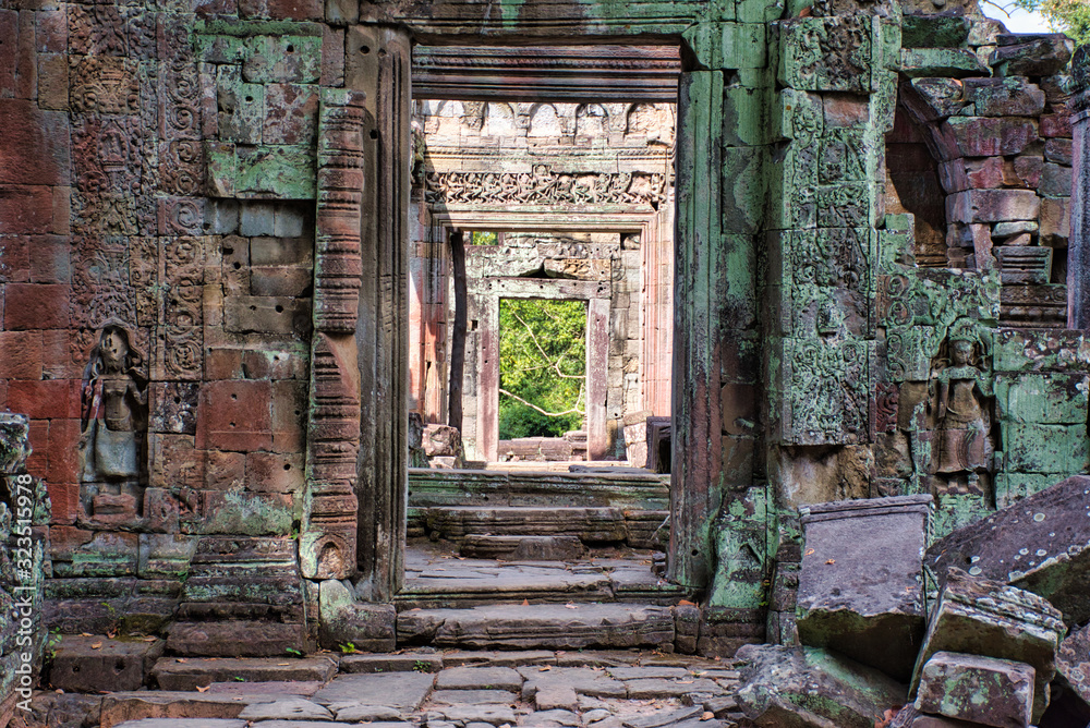 Preah Khan Temple site among the ancient ruins of Angkor Wat Hindu temple complex in Cambodia