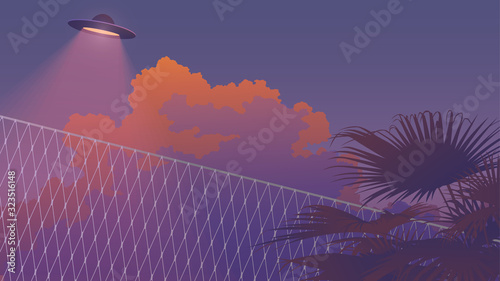sunset fence, tropical palm and ufo