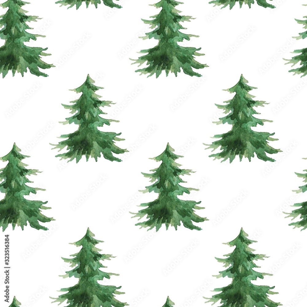 seamless pattern, watercolor illustration, with tree drawings