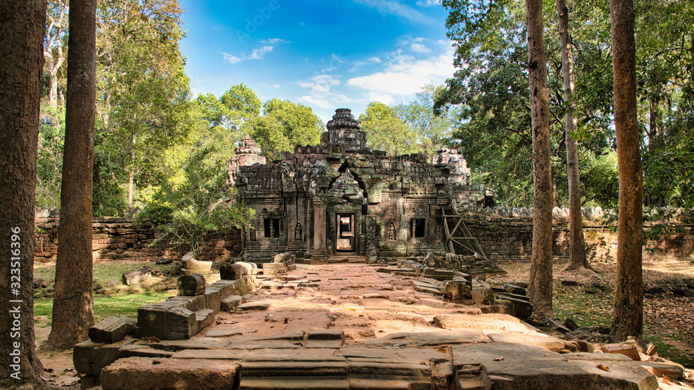 Preah Khan Temple site among the ancient ruins of Angkor Wat Hindu temple complex in Cambodia
