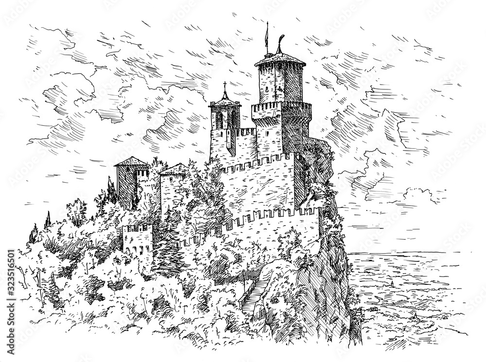 Naklejka premium Fortress Guaita is the most famous tower of San Marino, Italy. Hand drawn illustration.