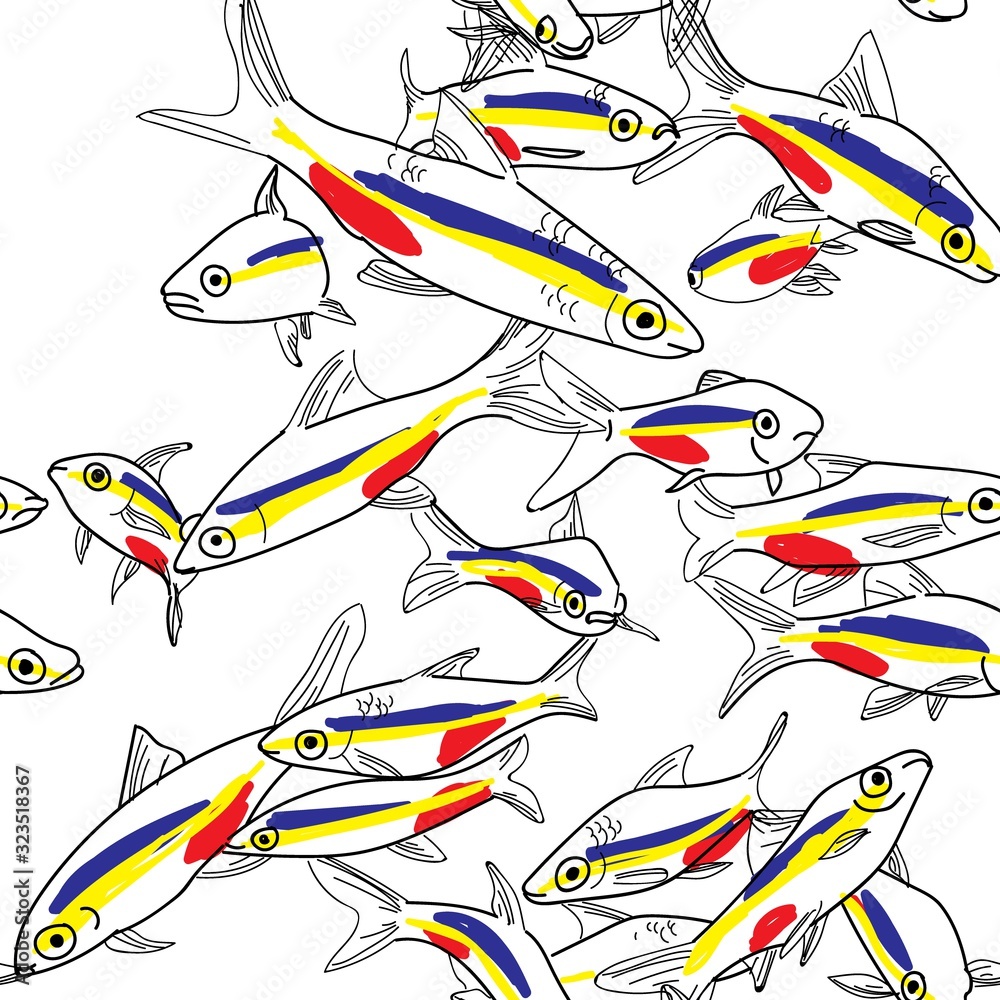 Seamless pattern with fishes. Neon fish, neon. Aquarium fish. Freehand drawing. Stylish background, exotic background.