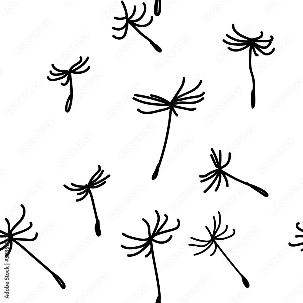 Seamless pattern with dandelions. Drawing by hand, children's drawing. Black and white. Stylish simple background.