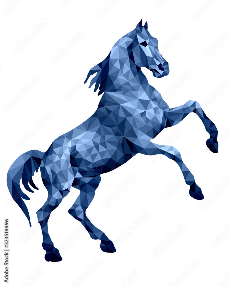 Obraz premium blue horse standing on its hind legs, isolated image on a white background in the low poly style
