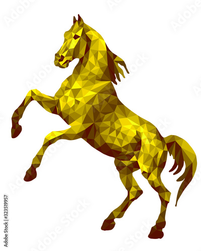 goden horse standing on its hind legs, isolated image on a white background in the low poly style