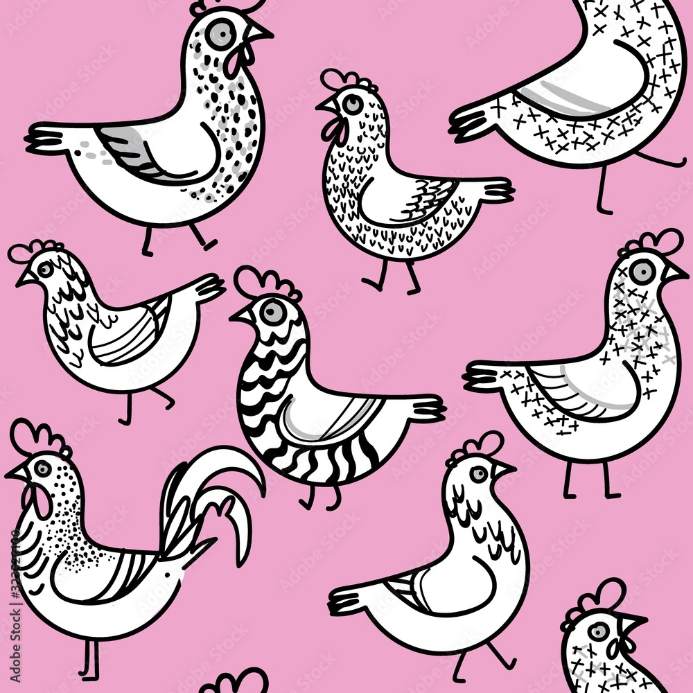 Fototapeta premium Seamless pattern with chickens. Chickens and rooster with patterns. Funny drawing by hand. seamless pattern. A funny background.