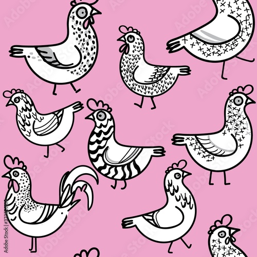 Seamless pattern with chickens. Chickens and rooster with patterns. Funny drawing by hand. seamless pattern. A funny background.